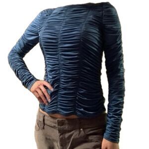 NWOT La Rambla Women's Evening All Over Ruched Silky Long Sleeve Fitted Top L